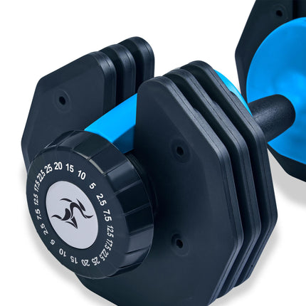 Strongology URBAN25 Blue Adjustable Single Dumbbell | 2.5kg to 25kg Quick-Select Weight | 10-in-1 Space-Saving Design | Soft-Grip Handle | Secure Plate-Locking System | Home Gym Strength Training Workouts
