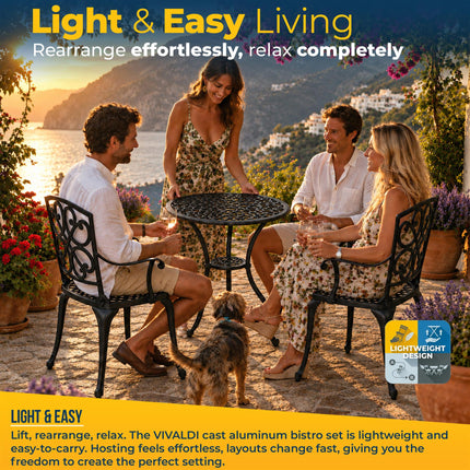 Homeology VIVALDI Black 5-Piece Cast Aluminium Garden Bistro Set- Rust-Proof Round Table with Parasol Hole & 4 Large Armchairs- Baroque Design for Patio, Balcony & Conservatory