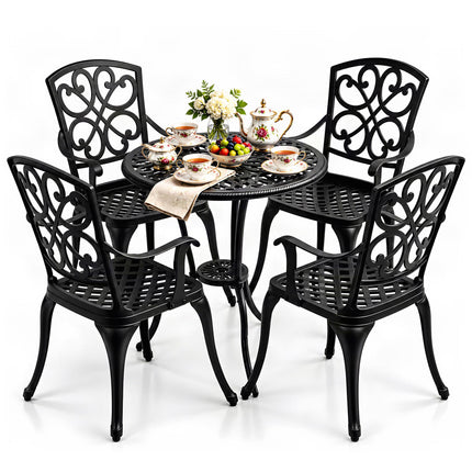 Homeology VIVALDI Black 5-Piece Cast Aluminium Garden Bistro Set- Rust-Proof Round Table with Parasol Hole & 4 Large Armchairs- Baroque Design for Patio, Balcony & Conservatory