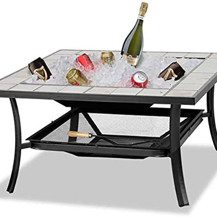 Centurion Supports SHANGO Premium Multi-Functional Black with Ceramic Tiles Outdoor Garden and Patio Square Heater Fire Pit Brazier and Outdoor Table