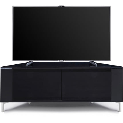 MDA Designs CORVUS Corner-Friendly Gloss Black Contemporary Cabinet with Black Profiles Black BeamThru Glass Doors Suitable for Flat Screen TVs up to 50" - Grade A