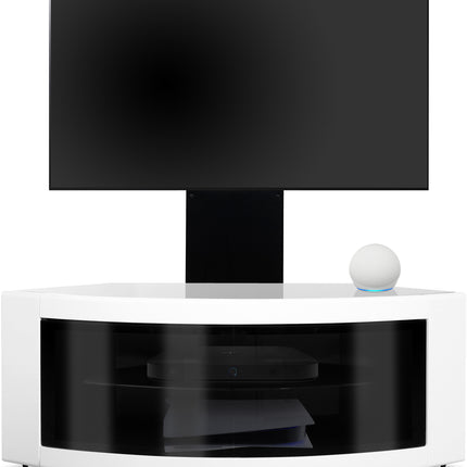 Centurion Supports PANGEA Black/White Beam-Thru Curved True-Corner 32"-50" TV Cabinet with Mounting Arm