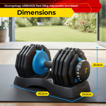 Strongology URBAN25 Blue Adjustable Single Dumbbell | 2.5kg to 25kg Quick-Select Weight | 10-in-1 Space-Saving Design | Soft-Grip Handle | Secure Plate-Locking System | Home Gym Strength Training Workouts