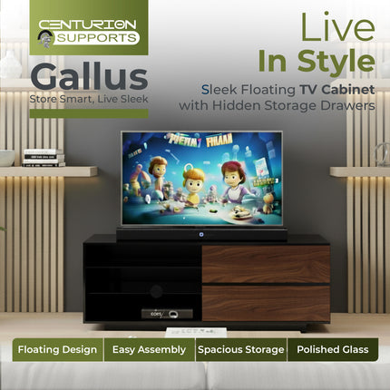 Centurion Supports Gallus Gloss Black with 2-Walnut Drawers and 3-Shelf 32"-55" LED/LCD/Plasma Cabinet TV Stand