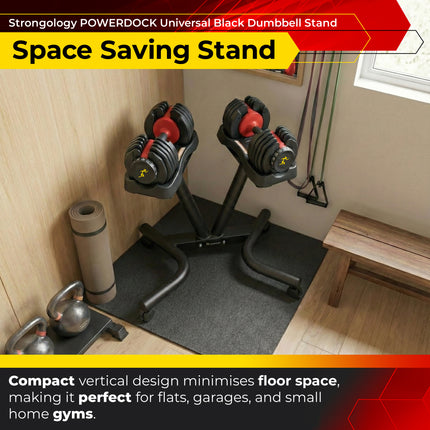 Strongology POWERDOCK Universal Dumbbell Floor Stand – Heavy Duty Steel Compact V-Frame Ergonomic Rack with Castor Wheels, Secure Safety Straps & Easy Assembly (Dumbbells Not Included)