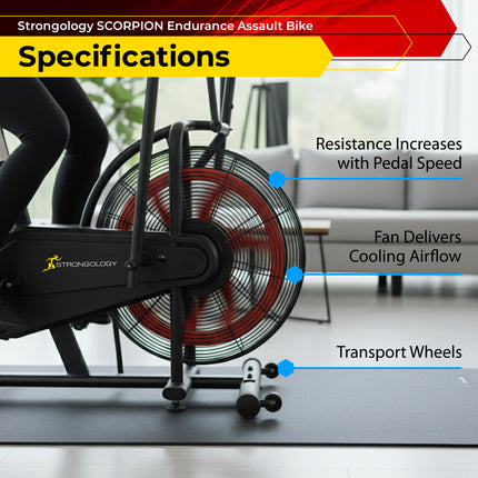 Strongology SCORPION Assault Bike – Compact Home Fitness Stationary Bike for Full Body Workouts with Smooth Fan Resistance and LCD Display