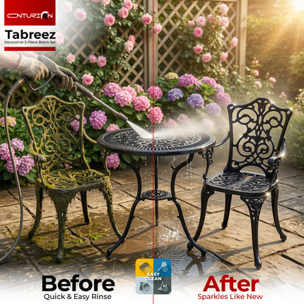 Centurion TABREEZ 3-Piece Bistro Set Garden Furniture, Cast Aluminium Outdoor Patio Set, Metal Garden Furniture, Rust-Proof Table & 2 Chairs, Bistro Set, Black