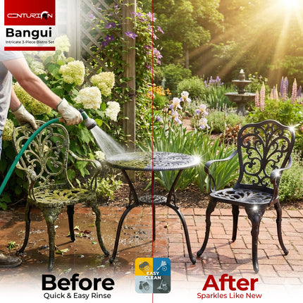 Centurion BANGUI 3 Piece Cast Aluminium Garden Bistro Set – Rust-Proof Outdoor Patio Table with Parasol Hole & 2 Large Chairs – Spanish Style Garden Furniture for Patio, Balcony & Conservatory – Black