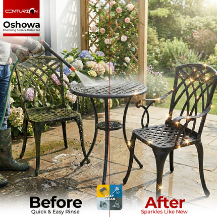 Centurion OSHOWA Luxurious Garden and Patio Table and 2 Large Chairs with Armrests Cast Aluminium Bistro Set - Black