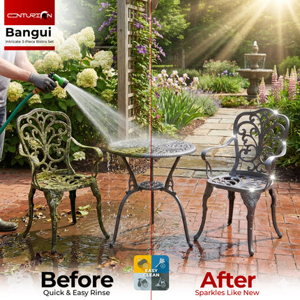 Centurion BANGUI 3 Piece Cast Aluminium Garden Bistro Set – Rust-Proof Outdoor Patio Table with Parasol Hole & 2 Large Chairs – Spanish Style Garden Furniture for Patio, Balcony & Conservatory – Grey