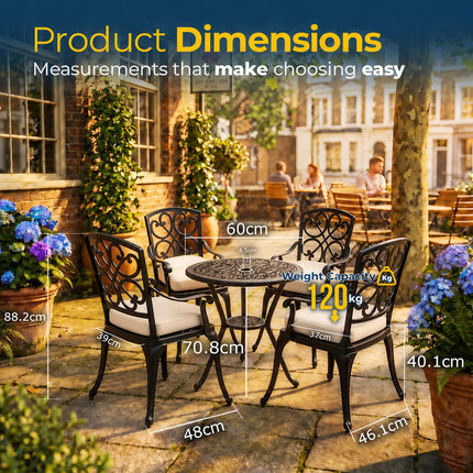 Homeology VIVALDI Black 5-Piece Cast Aluminium Garden Bistro Set - Rust-Proof Round Table with Parasol Hole & 4 Large Armchairs - with Cream Cushions