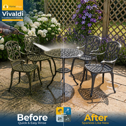Homeology VIVALDI Black 5-Piece Cast Aluminium Garden Bistro Set - Rust-Proof Round Table with Parasol Hole & 4 Large Armchairs - with Grey Cushions