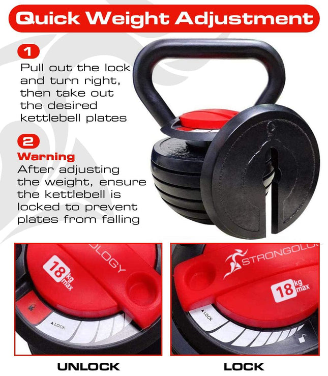 Strongology HERCULES18 7-in-1 Adjustable Smart Kettlebell upto 18kg Black with Red Dial Home Fitness Gym Equipment - Grade A