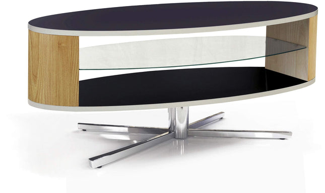 MDA Designs Orbit 1100 Gloss Black TV Stand with Oak Elliptic Sides for Flat Screen TVs up to 55" - Grade A