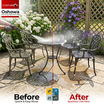 Centurion Supports OSHOWA Garden and Patio Table and 4 Large Chairs with Armrests Cast Aluminium Bistro Set - Green cushions