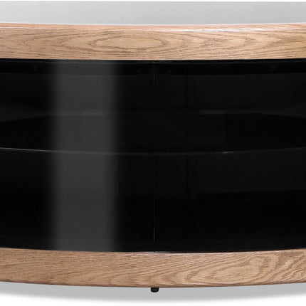 Centurion Supports PANGEA Black Oak Beam-Thru Glass Doors Curved Unit Tru-Corner 32"-50" TV Cabinet - Grade A