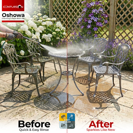 Centurion Supports OSHOWA Luxurious Garden and Patio Table and 4 Large Chairs with Armrests Cast Aluminium Bistro Set - Grey with Black Cushions