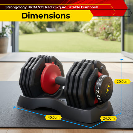 Strongology URBAN25 Red Adjustable Single Dumbbell | 2.5kg to 25kg Quick-Select Weight | 10-in-1 Space-Saving Design | Soft-Grip Handle | Secure Plate-Locking System | Home Gym Strength Training Workouts