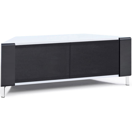 MDA Designs CORVUS Corner-Friendly Gloss White Cabinet with Black Profiles Black BeamThru Glass Doors for Flat Screen TVs up to 50" - Grade A