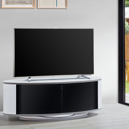MDA Designs LUNA Gloss White Oval Cabinet with White Profiles Black BeamThru Glass Doors Suitable for Flat Screen TVs up to 50"