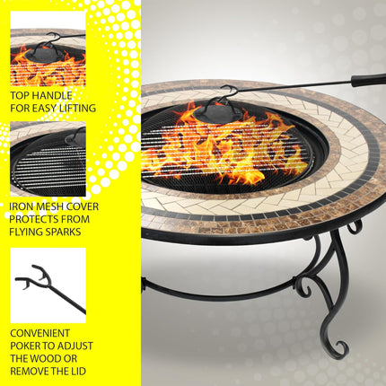 Centurion Supports TOPANGA High-End Round Multi-Functional Garden and Patio Heater, Fire Pit, Coffee Table, BBQ and Ice Bucket with Ceramic Tiles and Cover