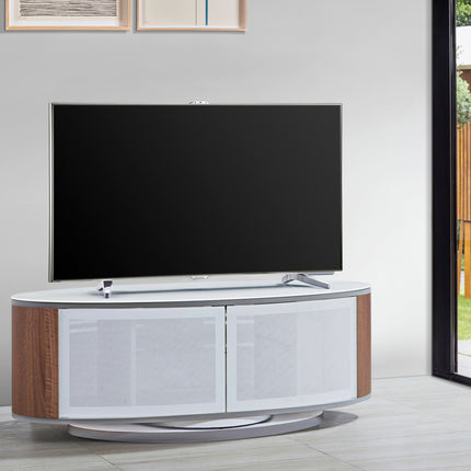 MDA Designs LUNA Gloss White Oval Cabinet with Walnut Profiles White BeamThru Glass Doors Suitable for Flat Screen TVs up to 50"