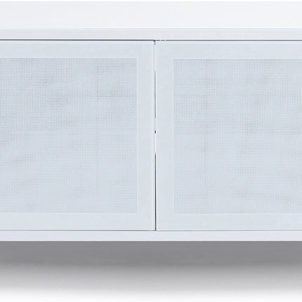 MDA Designs CORVUS Corner-Friendly Gloss White Contemporary Cabinet with Walnut Profiles White BeamThru Glass Doors Suitable for Flat Screen TVs up to 50"