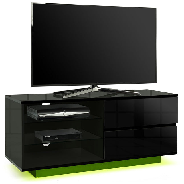 Centurion Supports Gallus Premium High Gloss Black with 2-Black Drawers and 3-Shelf 32"-55" LED/OLED/LCD TV Cabinet with 16 colour LED Lights