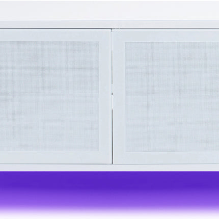 MDA Designs CORVUS Corner-Friendly Gloss White Contemporary Cabinet with White Side Profiles White BeamThru Glass Doors Suitable for Flat Screen TVs up to 50" with 16 Colour LED Lights