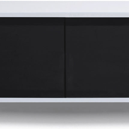 MDA Designs CORVUS Corner-Friendly Gloss White Contemporary Cabinet with Black Profiles Black BeamThru Glass Doors Suitable for Flat Screen TVs up to 50"