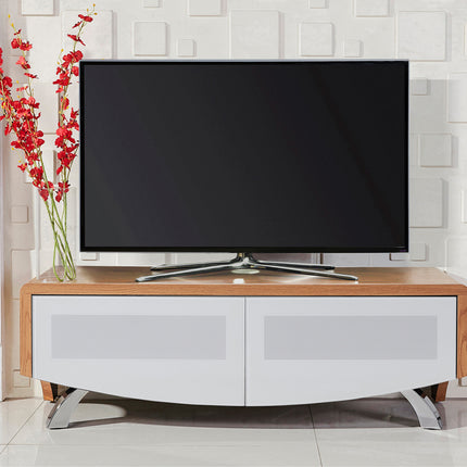 MDA Designs WAVE 1200 Oak with White Glass Hybrid BeamThru Remote-Friendly up to 60" Flat Screen Tv Cabinet - Grade A