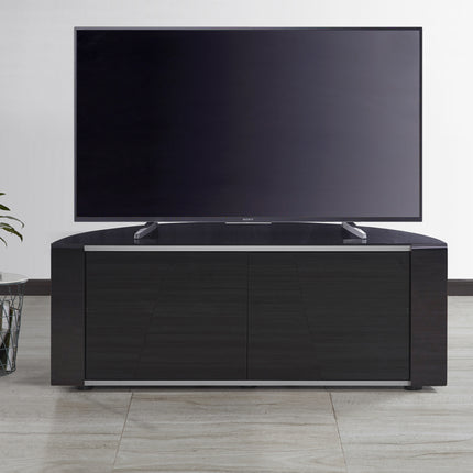 MDA Designs Sirius 1200 Gloss Piano Black Cabinet with Remote Friendly Beam Thru Glass Doors & Silver Trim up to 55" LCD/Plasma/LED TV Stand - Grade A