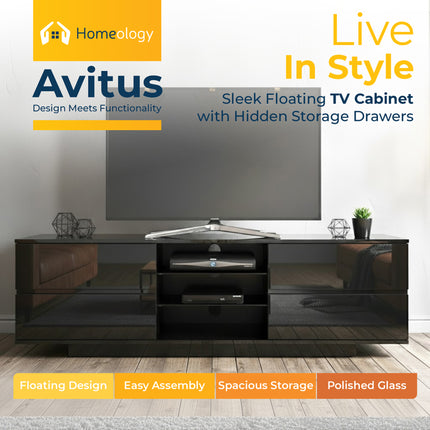 Homeology Avitus High Gloss Black with 4-Black Drawers & 3-Shelf 32"-65" LED/OLED/LCD TV Cabinet - Fully Assembled