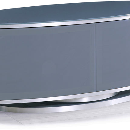 MDA Designs LUNA Grey Oval Cabinet with Walnut Profiles & Grey BeamThru Glass Doors Suitable for Flat Screen TVs up to 50"