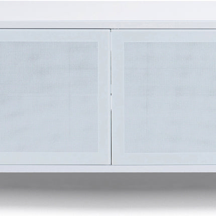 MDA Designs CORVUS Corner-Friendly Gloss White Contemporary Cabinet with Oak Profiles White BeamThru Glass Doors Suitable for Flat Screen TVs up to 50"