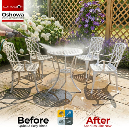 Centurion Supports OSHOWA Luxurious Garden and Patio Table and 4 Large Chairs with Armrests Cast Aluminium Bistro Set - White with Green Cushions