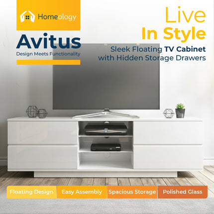 Homeology Avitus Premium High Gloss White with 4-White Drawers and 3-Shelf 32"-65" LED/OLED/LCD TV Cabinet - Fully Assembled