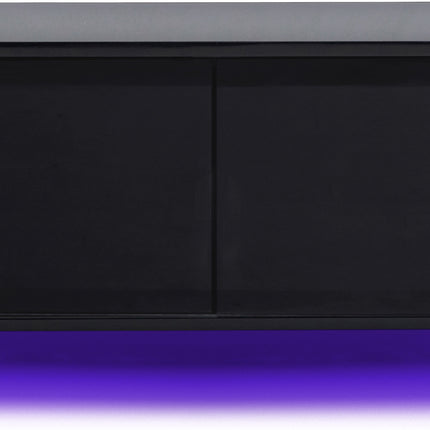 MDA Designs CORVUS Corner-Friendly Gloss Black Cabinet with Black BeamThru Glass Doors Suitable for Flat Screen TVs up to 50" with 16 Colour LED Lights