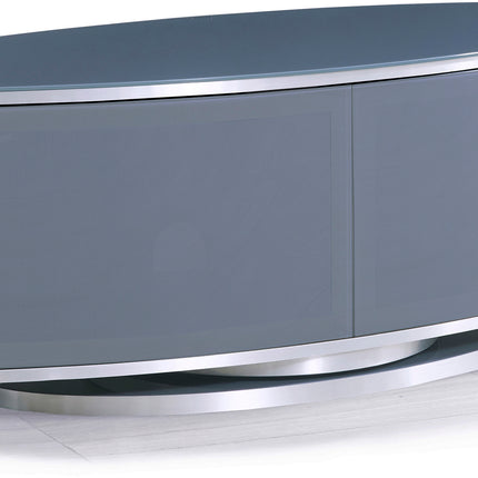 MDA Designs LUNA Grey Oval Cabinet with Walnut Profiles & Grey BeamThru Glass Doors Suitable for Flat Screen TVs up to 50"