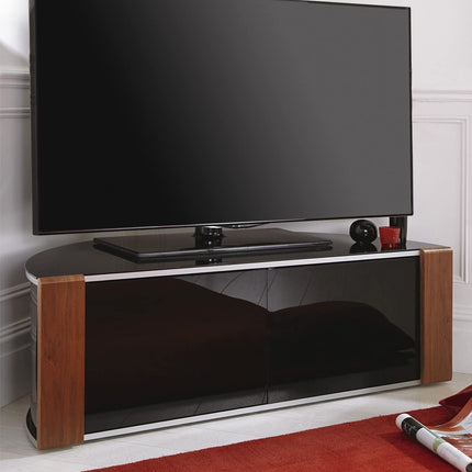 MDA Designs Sirius 1200 Remote Friendly Beam Thru Glass Door Walnut/Oak High Gloss Piano Black with Silver Trim up to 55" LCD/Plasma/LED Cabinet TV Stand - Grade A