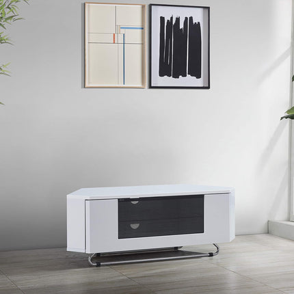 Centurion Supports Hampshire Corner-Friendly Gloss White with Black Contrast Beam-Thru Remote Friendly Door 26"-50" Flat Screen TV Cabinet