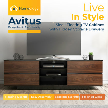 Homeology Avitus High Gloss Black with 4-Walnut Drawers & 3-Shelf 32"-65" LED/OLED/LCD TV Cabinet - Fully Assembled