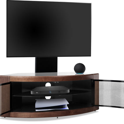 Centurion Supports PANGEA Black/Walnut Beam-Thru Curved True-Corner 32"-50" TV Cabinet with Mounting Arm