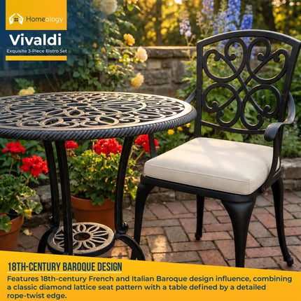 Homeology VIVALDI Black 3-Piece Cast Aluminium Garden Bistro Set - Rust-Proof Round Table with Parasol Hole & 2 Generously Sized Armchairs - with Cream Cushions