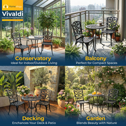 Homeology VIVALDI 3-Piece Cast Aluminium Garden Bistro Set- Rust-Proof Round Table with Parasol Hole & 2 Generously Sized Armchairs- Exquisite Baroque Design for Patio, Balcony & Conservatory (Black)