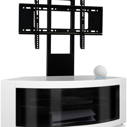 Centurion Supports PANGEA Black/White Beam-Thru Curved True-Corner 32"-50" TV Cabinet with Mounting Arm