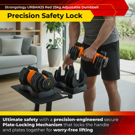 Strongology URBAN25 Orange Adjustable Dumbbell Pair | 2.5kg to 25kg Quick-Select Weight | 10-in-1 Space-Saving Design | Soft-Grip Handle | Secure Plate-Locking System | Home Gym Strength Training Workouts