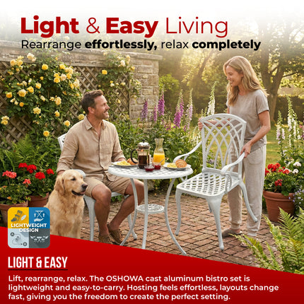 Homeology OSHOWA 3-Piece Cast Aluminium Bistro Set – Rust-Proof Round Table & 2 High-Backed Armchairs – Timeless French-Style Interlocking Lattice Basketweave Design – White Outdoor Patio Furniture