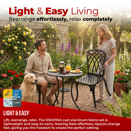 Centurion OSHOWA Luxurious Garden and Patio Table and 2 Large Chairs with Armrests Cast Aluminium Bistro Set - Black