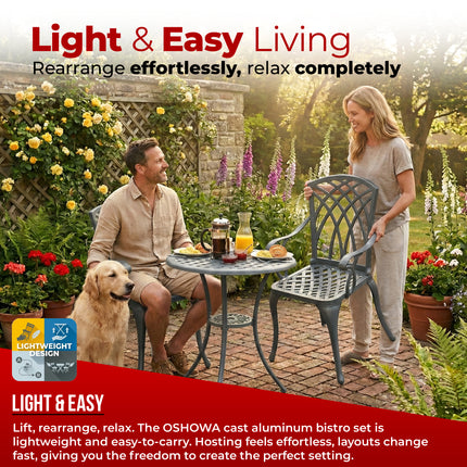 Centurion Supports OSHOWA Luxurious Garden and Patio Table and 2 Large Chairs with Armrests Cast Aluminium Bistro Set Grey